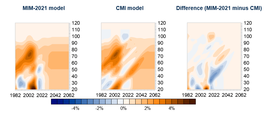 Fitted and projected mortality improvements from applying the MIM-2021 and CMI_2021 models to England & Wales data for males.